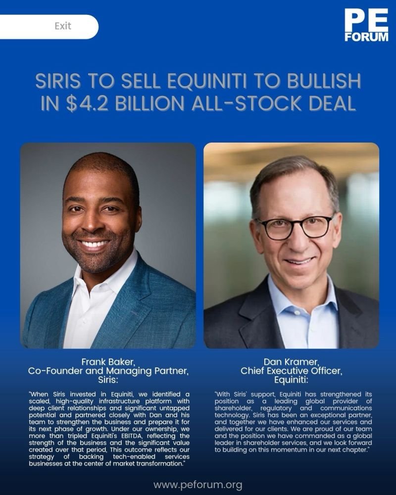 Siris Capital Group to Sell Equiniti to Bullish in $4.2 Billion All-Stock Deal Creating Blockchain-Enabled Transfer Agent Platform